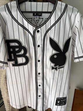 PLAYBOY White and Black Pinstripe Baseball Jersey